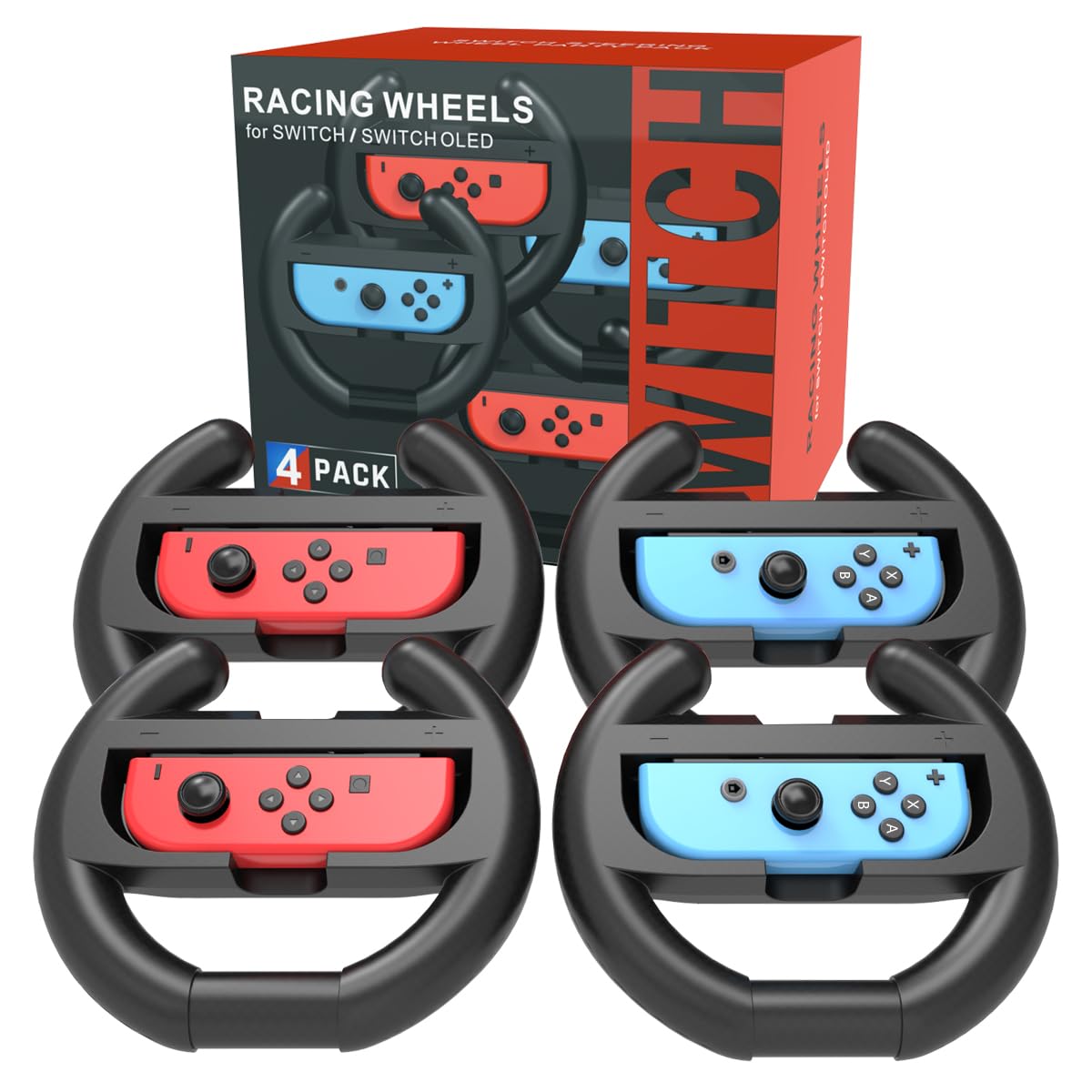 Switch Steering Wheel for Mario Kart Nintendo Switch, Switch Racing Steering Wheel for Mario Kart 8 Deluxe Compatible Nintendo Switch/Switch OLED, Switch Joy Con Controller Race Accessories (Upgrade 4 Pack)