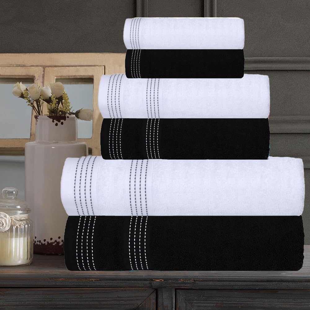 Casa Copenhagen Elegance Ensemble de serviettes 6 pièces, noir + blanc, 550 g/m², 2 serviettes de bain, 2 essuie-mains, 2 débarbouillettes en coton égyptien doux pour salle de bain, cuisine et douche.