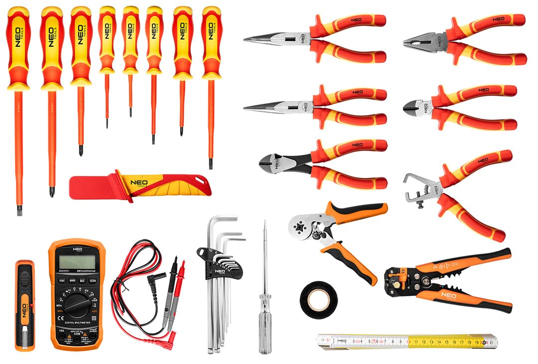 NEO TOOLS Zaino per attrezzi elettricisti, 31 pezzi, con attrezzi per un elettricista, 26 tasche, set di attrezzi per elettricisti mobili e durevoli, set di attrezzi elettrici in uno zaino