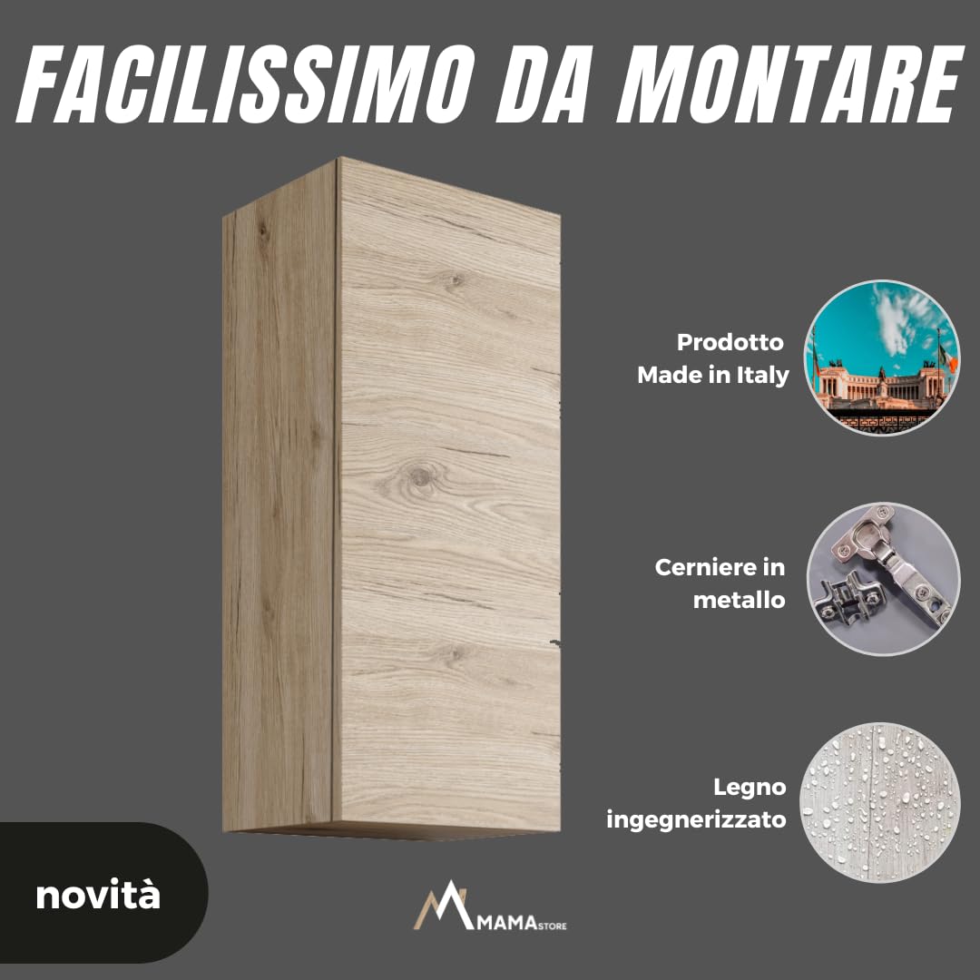 MaMa Store Atena Pensile Singolo Reversibile in Kit con sistema di apertura push and pull, Laminato, Quercia Naturale L. 30 X P. 22 X H. 71 Cm