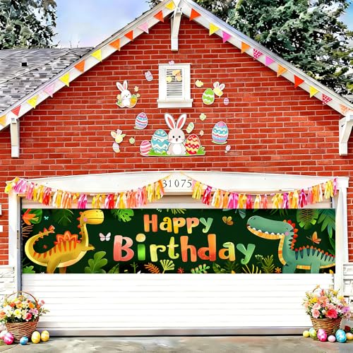 Image of Dinosaur Birthday Outdoor Banner 78.7 x 17.7 Inch Green Jungle Cartoon Dinosaur Pattern Party Decoration for Yard Garden Fence Porch Patio or Outdoor Celebration Display