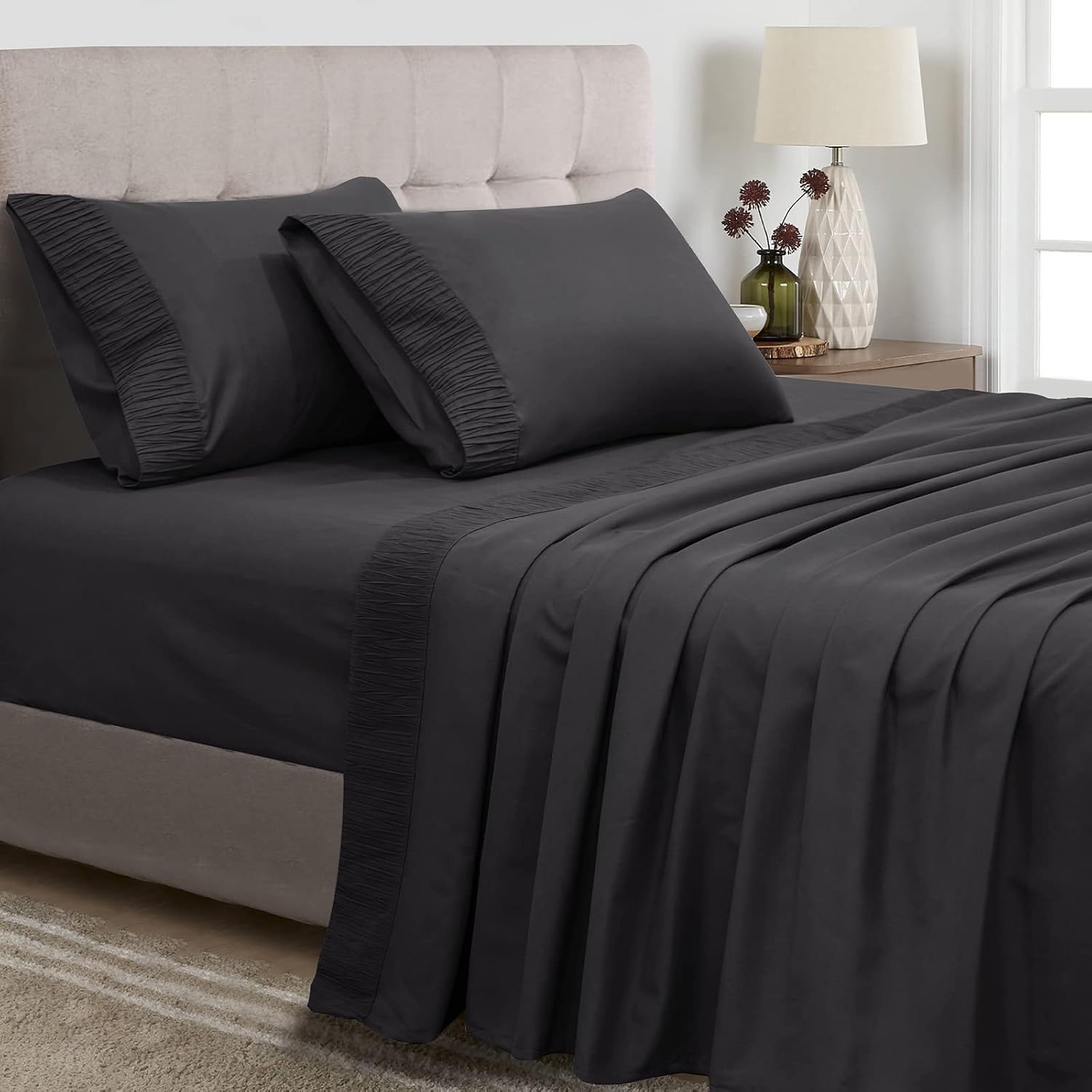 PHF Queen Sheet Set-Hotel Luxury Bedding Sheets and Pillowcases-4 Pieces Soft Breathable Bed Sheets- Deep Pocket up to 16 Inches Mattress-Wrinkle, Fade, Stain Resistant, Black