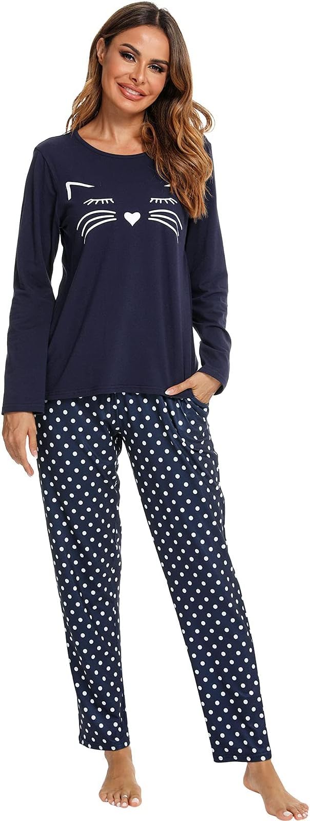 Les-Theresa Pigiama da Donna, Pigiama Lungo, da Donna, Comodo e alla Moda, con Motivo a Gatto, con Stampa a Maniche Lunghe, Pigiameria e Pantaloni Lunghi Femminili