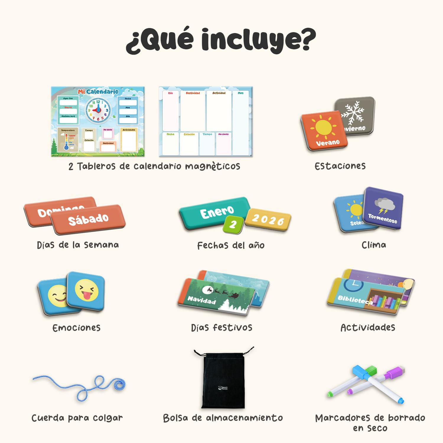 Mi Primer Calendario de SmartPanda - Juguete Educativo Magnético para Niños o Niñas - Incluye Reloj, Estación Meteorológica, Actividades y Emociones – para Pared o Frigorífico – en Español