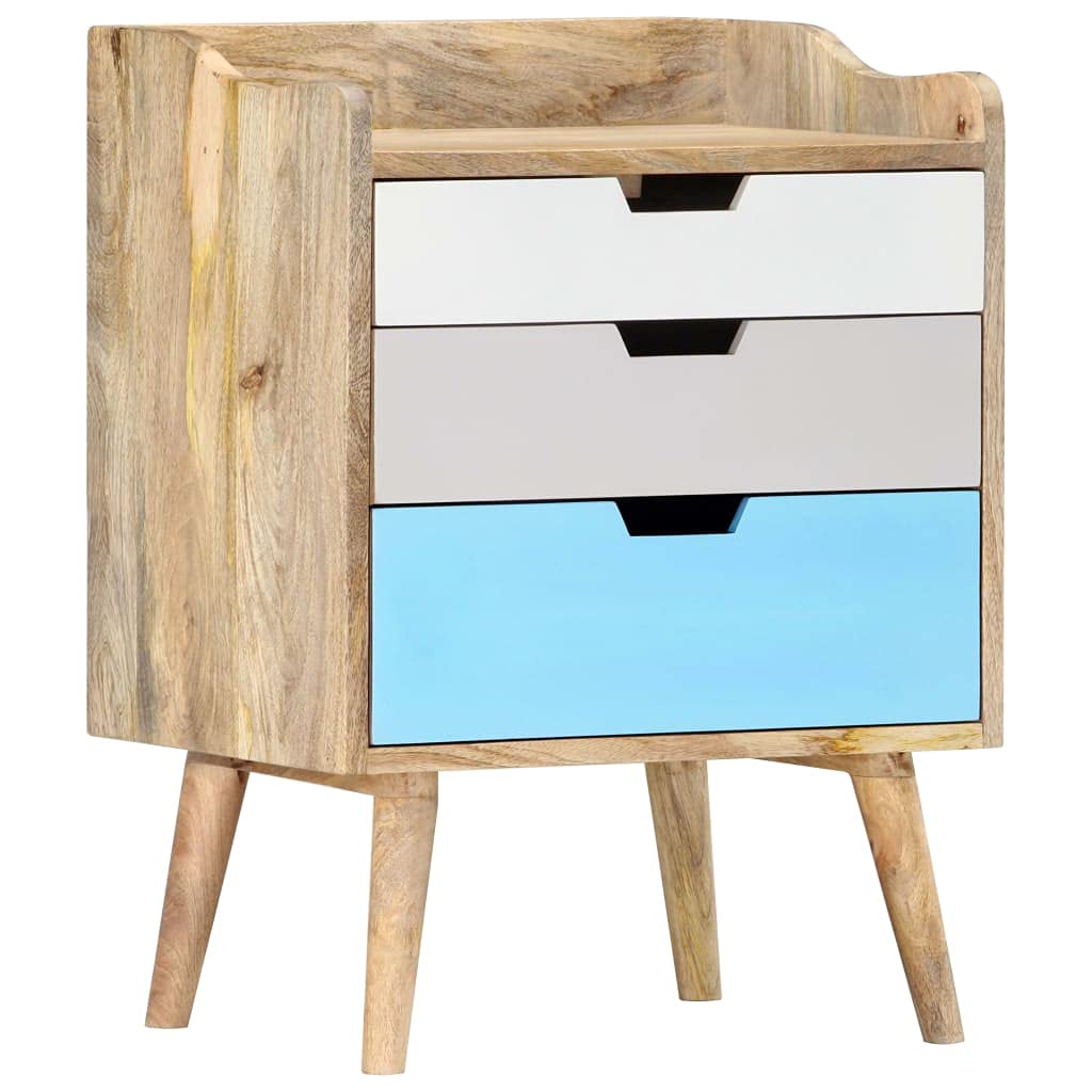 Stolik nocny z litego drewna mango 47 x 35 x 63 cm z 3 szufladami, rustykalny stolik nocny wąski, nowoczesna szafka nocna do sypialni, ręcznie wykonana, polerowana i lakierowana