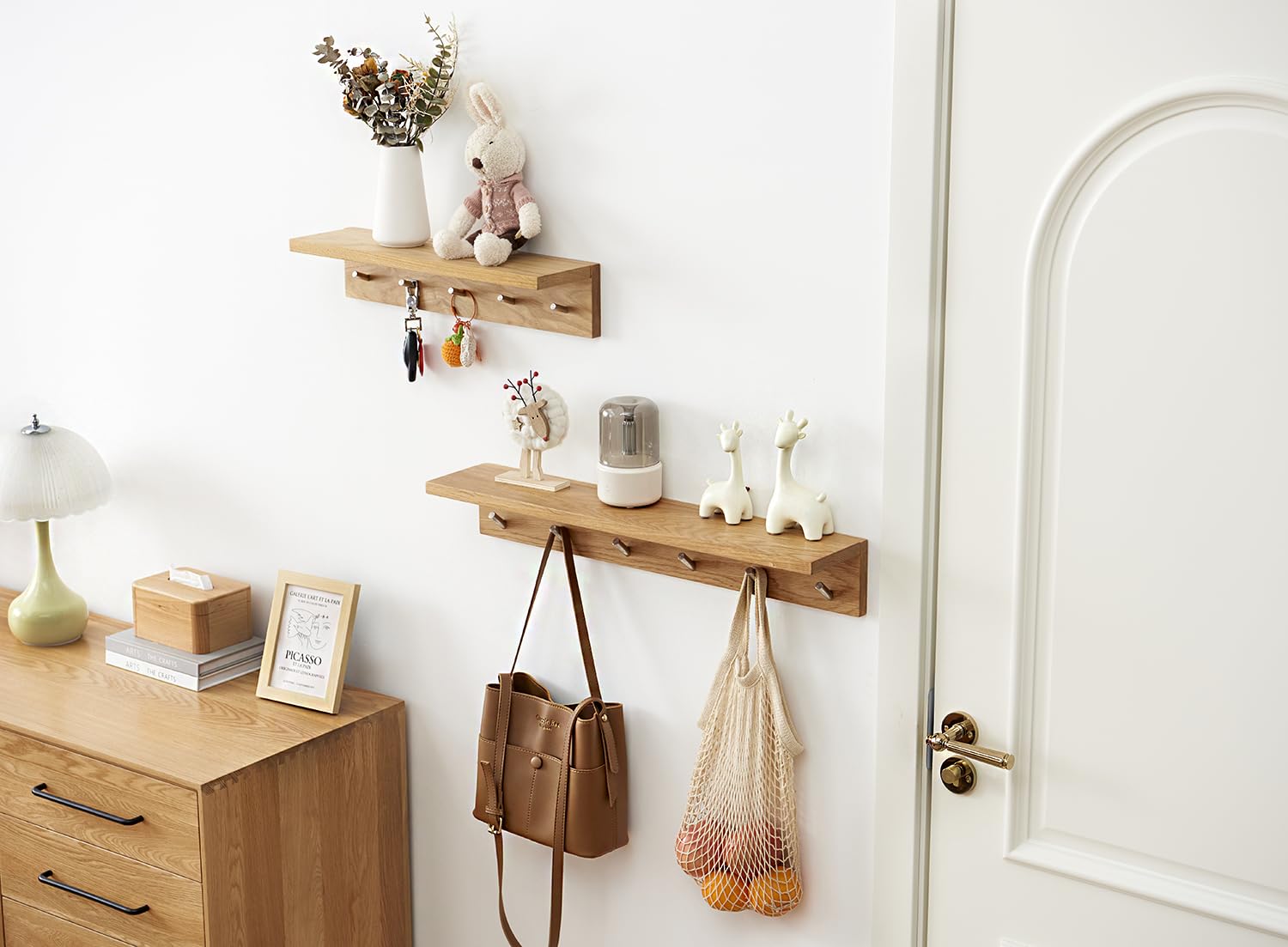 OAKERLAND Oak Floating Shelf with Hooks, 50cm Solid Wood Wall Rack - Image 2