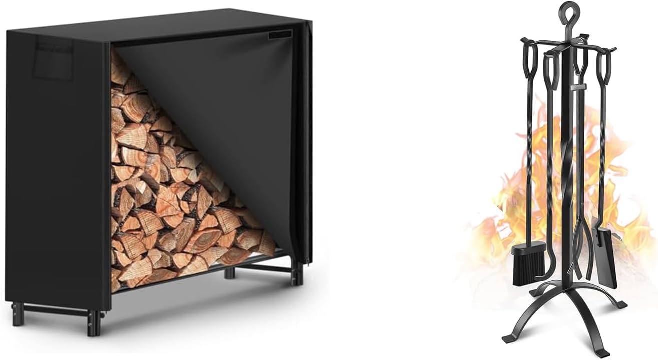 Gtongoko 32in Fireplace Tools Set Bundle 4ft Firewood Rack Outdoor with Cover