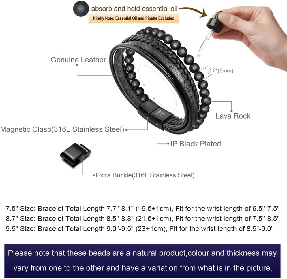 New Mens Bracelet Bead and Leather Braided, Lava and Onyx Bead Leather Bracelet for Men