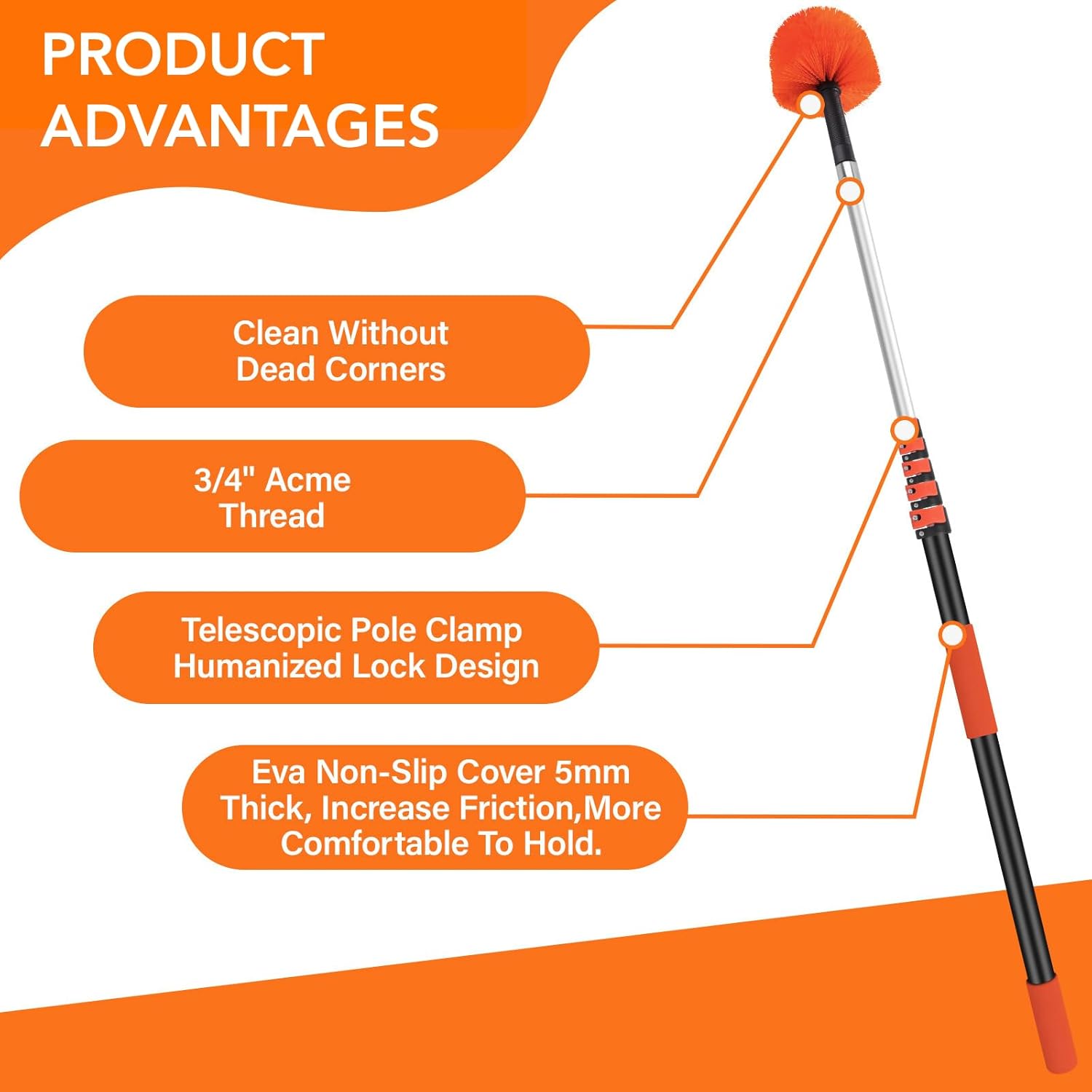 30FT Cobweb Duster with Extension Pole - High Reach Duster for High Ceilings & Outdoor Use - Telescoping Pole 5-24 Ft, Soft Bristles Cobweb Cleaner - 3/4" Acme Universal Thread
