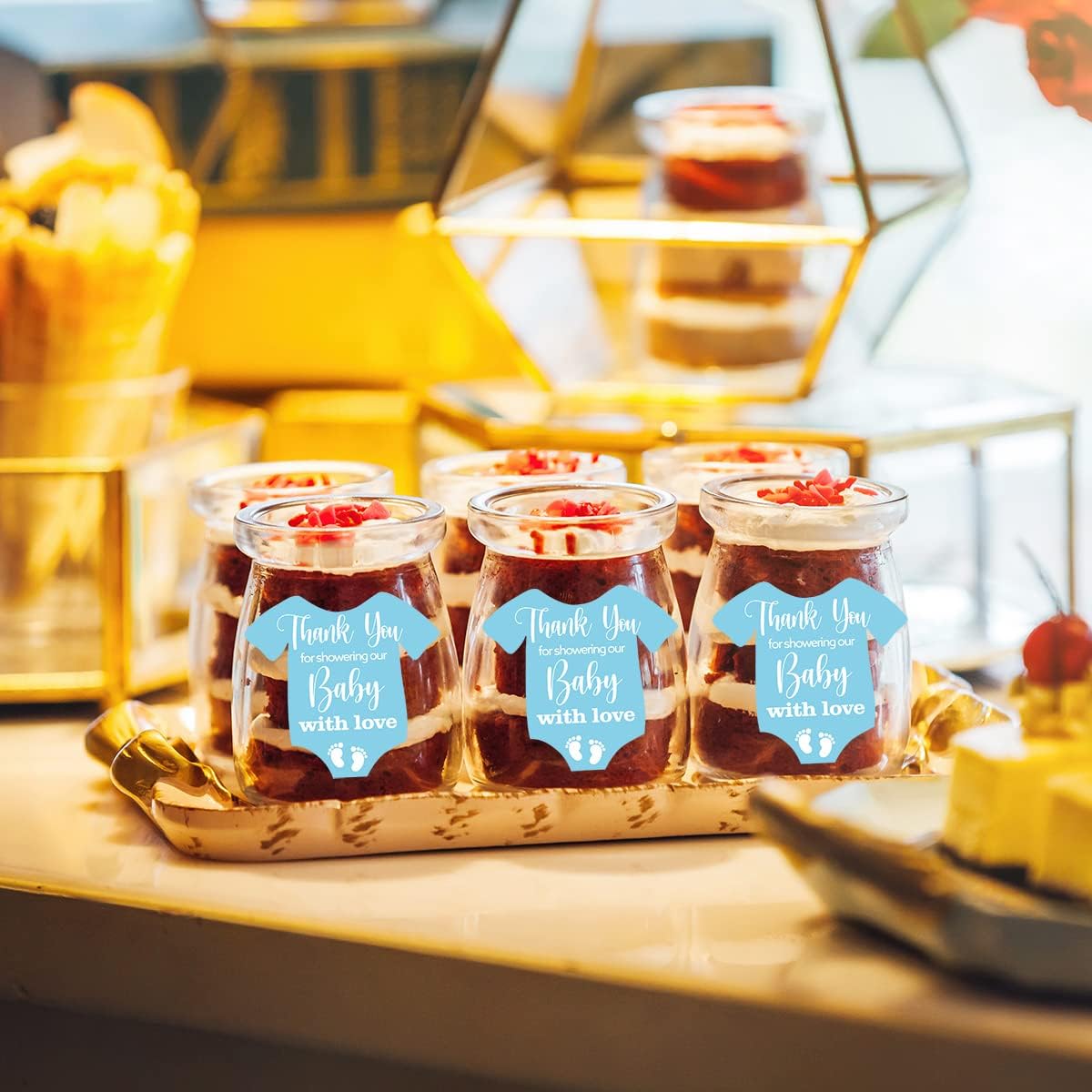 Cute Blue Baby Shower Stickers, Thank You for Showering Our Baby with Love Stickers Labels, Blue Baby Onesie Shaped Shower Sticker for Birthday Party Favor Label Decorations(10 in,80 Labels) - Image 4