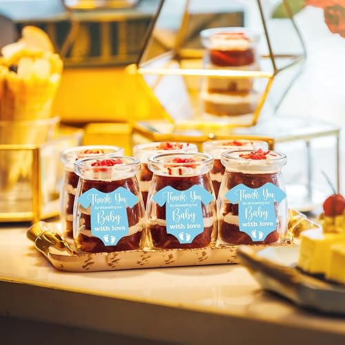 Miniatura 4 de Lindas calcomanías azules para baby shower, con texto en inglés "Thank You for Showering Our Baby with Love", calcomanías azules para baby shower,