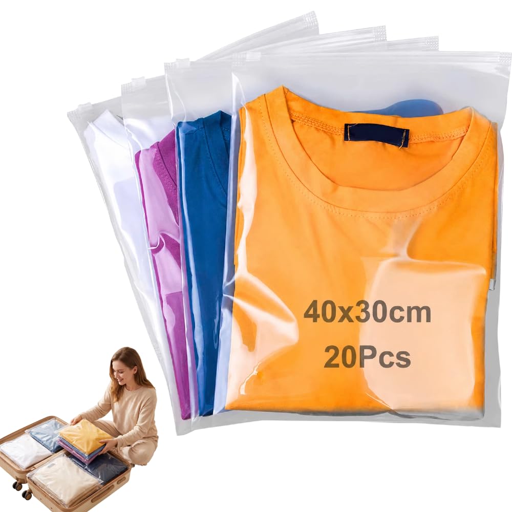 20 Pcs Ziplock Bags, 40 X 30cm Large Travel Clothes Storage Bags Reusable Clear Storage Bags with Zip Lock Seal Bag Waterproof Luggage Organiser for Clothes Shoes Cosmetics Offices Supplies