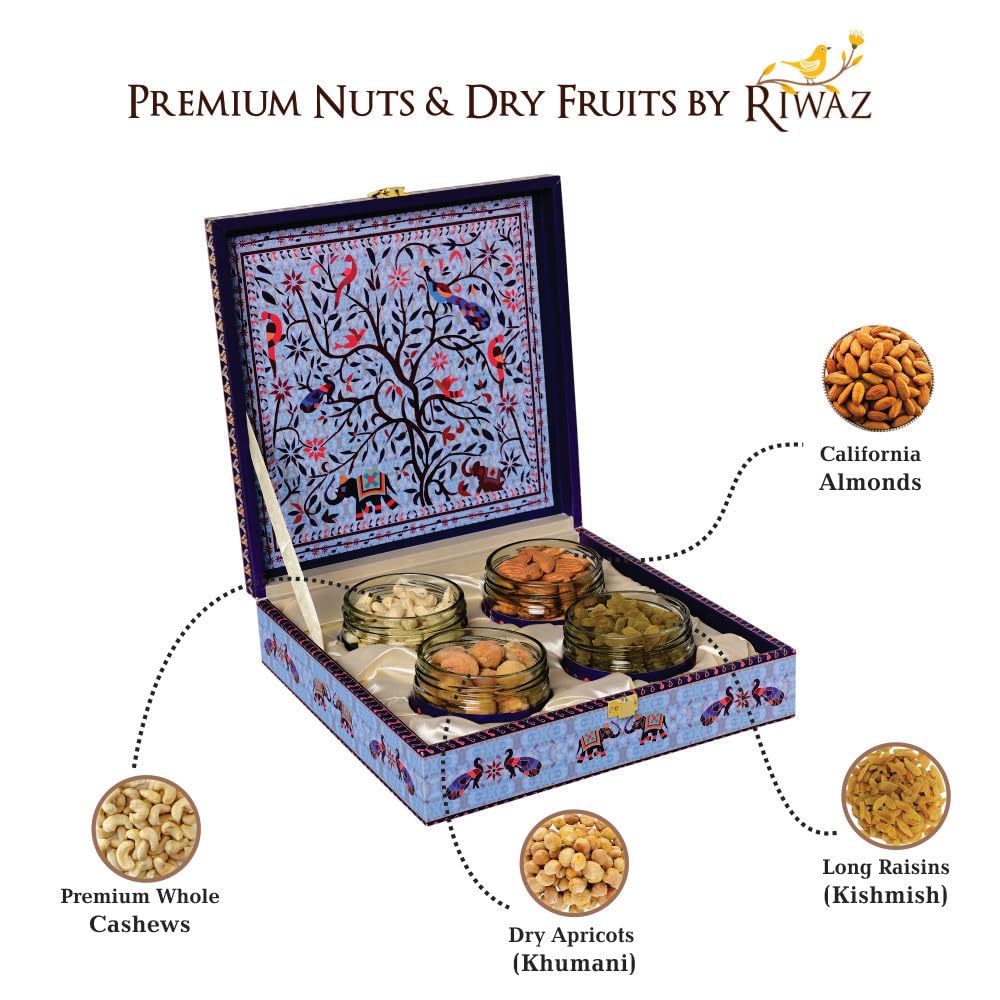 Riwaz Luxury Blue Peacock Gift Box Elegance with Gourmet Delights | 4 Salsa Jars filled with Almond, Cashew, Raisins and Khumani | A Thoughtful Present for Corporates, Wedding & Festival Gifting 2