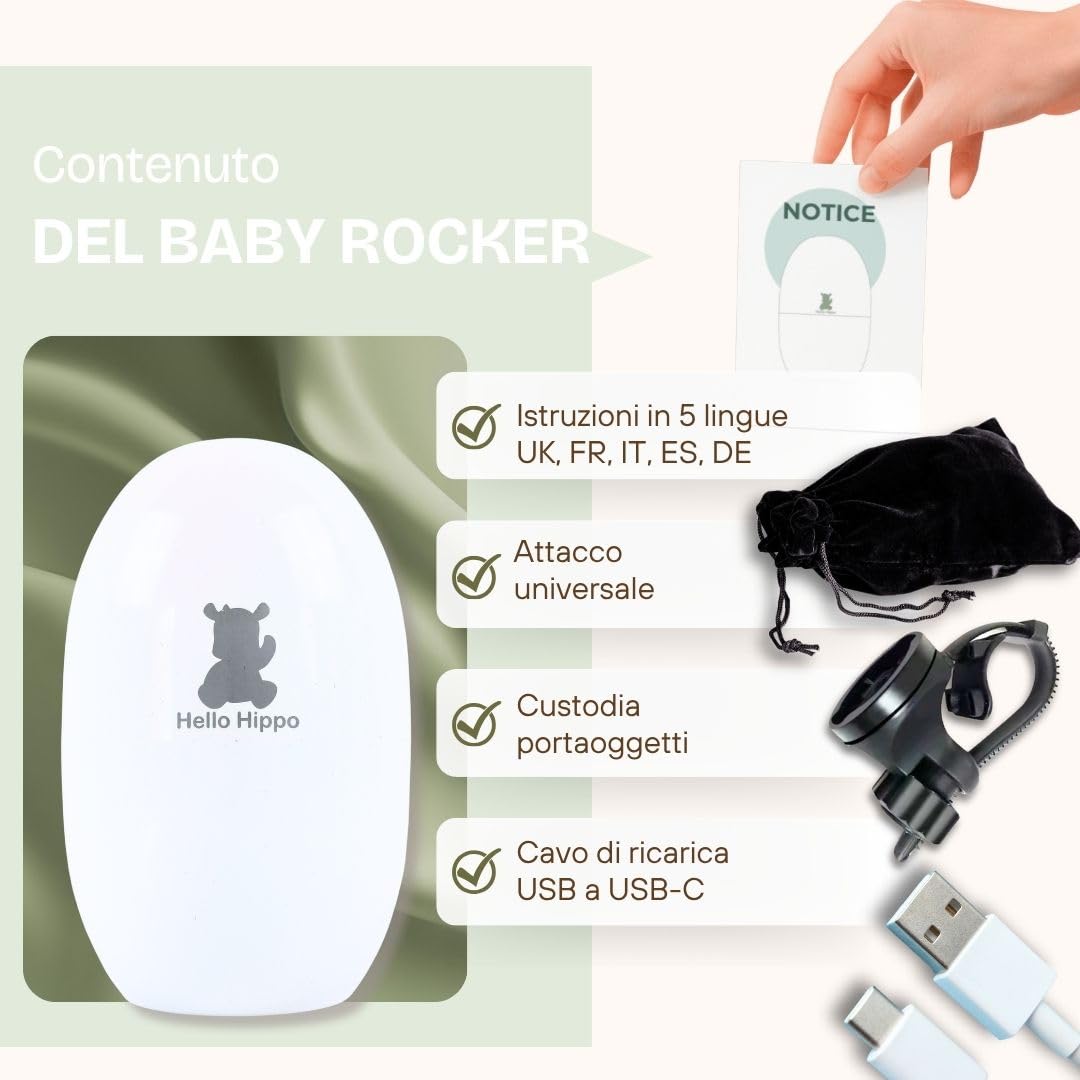 Hello Hippo - Dondolo elettrico - Aiuto per dormire per bambini -ricaricabile USB-C- Baby Rocker- 3 velocità - adatta a tutti i passeggini e passeggini – silenzioso, compatto e portatile