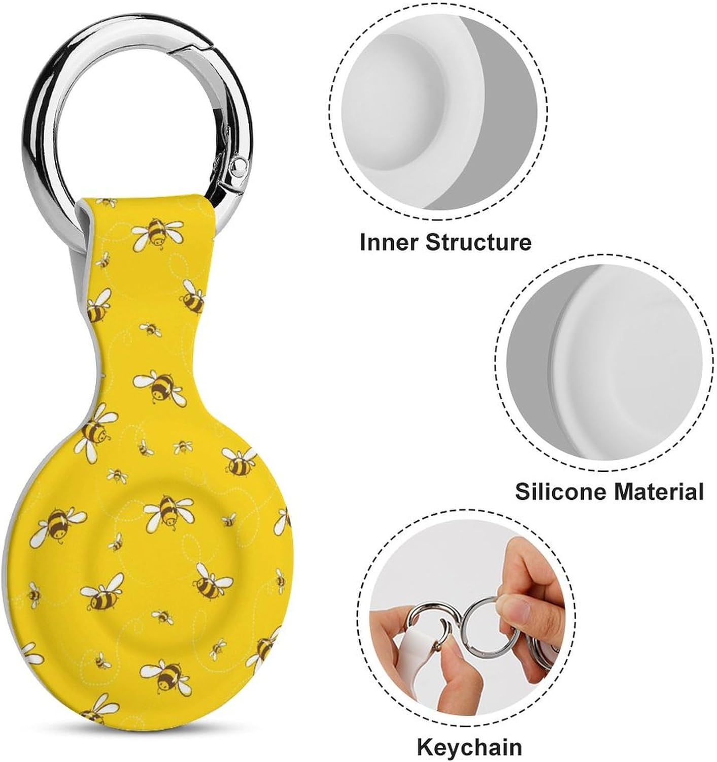 Cute Bee Yellow Funny Cover Compatible with AirTag Case Protector GPS Tracker Storage Bag Box with Keychain Novelty Gifts