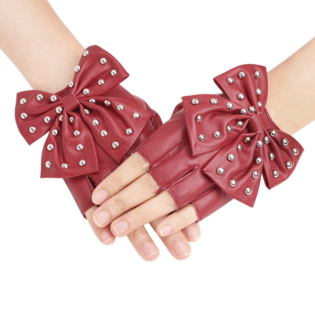 Tinayaue Girls Red Punk Half Finger Gloves Big Bowknot Rivet Design Pu Leather Performance Cosplay Gloves Fingerless Rock Jazz Style Gloves Club Stage Dance Gloves For Women