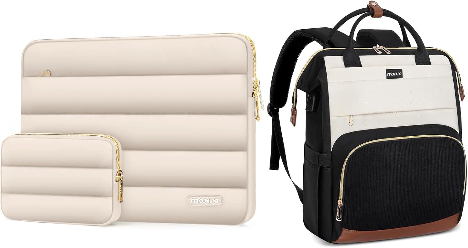MOSISO 15.6 inch Laptop Backpack for Women with USB Charging Port&Front Corduroy Pocket&16 inch Puffy Laptop Sleeve, Polyester Horizontal Bag with Small Case, Sand&Black