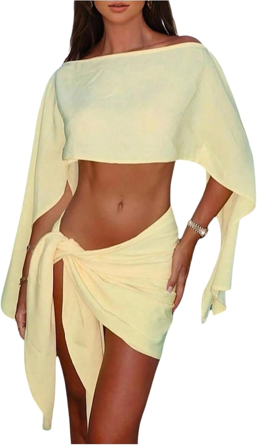 MakeMeChic Women's 2 Piece Outfits Long Sleeve Crop Top and Wrap Mini Skirt Summer Sets
