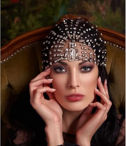 Miniatura 4 de STONEFANS Gorra de cristal de los años 20 para mujer, diadema de malla con diamantes de imitación para novia, accesorios para el cabello (plateado)