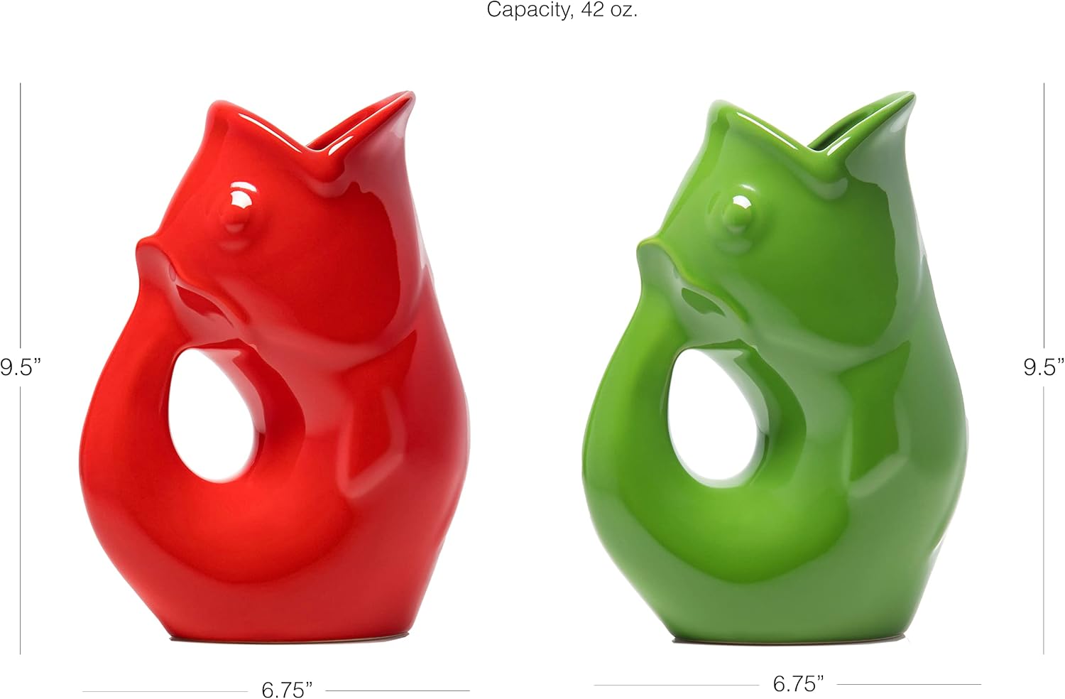 Gurgle Pot Fish Pitchers, Large 42 oz - Set of 2. More than just your average Beverage Pitchers. Makes a delightful gurgling sound due to the unique design. (Red and Green)