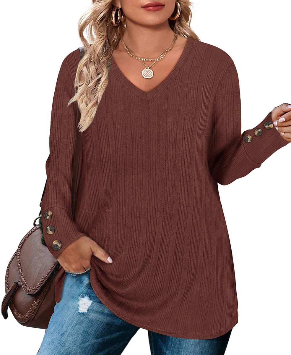 RITERA Plus Size Tops for Women Vintage Waffle Tunic Tops V Neck Shirts Solid Color T-Shirts XL-5XL