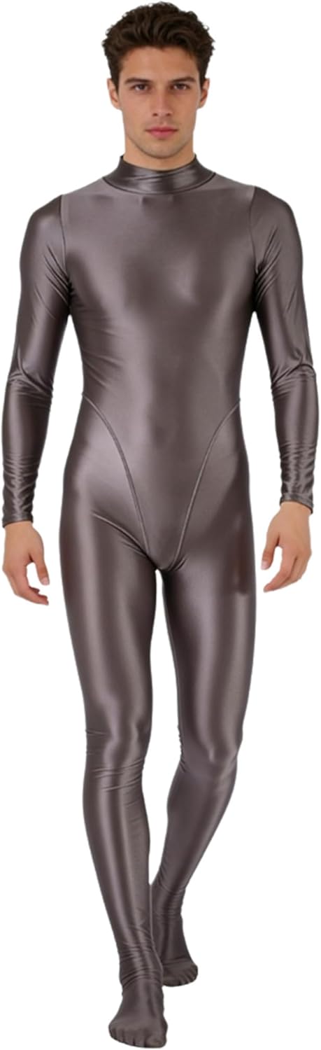 YiZYiF Men's Surfing Glossy Rash Guard Mock Neck Long Sleeve Footed Full Body Bodysuit for Workout