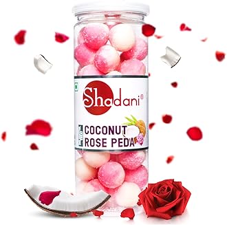 Shadani Coconut Rose Peda Can (200g), Real Coconut Toffee Candy | Soft & Chewey - Pure Nariyal Peda/Candy | Soft & Creamy Indian Sweet with Coconut and Rose Flavour | Festive Gifting & Dessert Treat