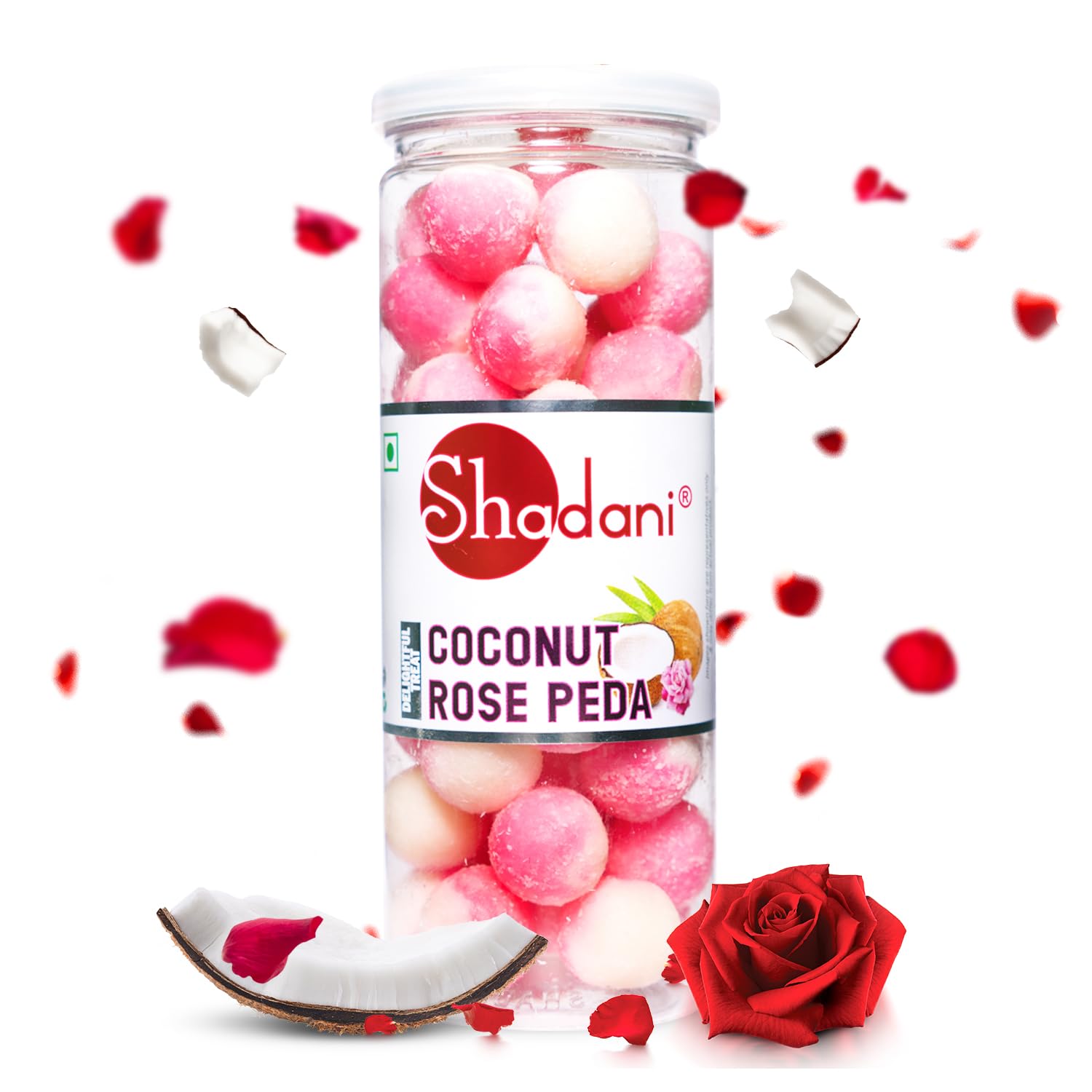 Shadani Coconut Rose Peda Can (200g), Real Coconut Toffee Candy | Soft & Chewey - Pure Nariyal Peda/Candy | Soft & Creamy Indian Sweet with Coconut and Rose Flavour | Festive Gifting & Dessert Treat