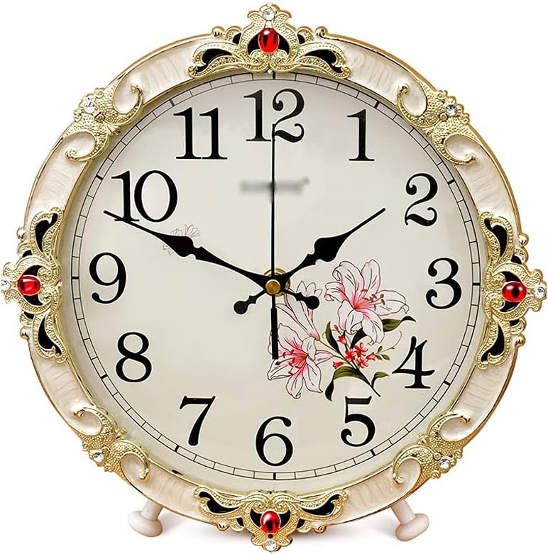 FMURY European Wood Table Clock Living Room Bedroom Desk Clock Retro Sitting Clock Ornaments Large Desktop Table Watch(25cm)