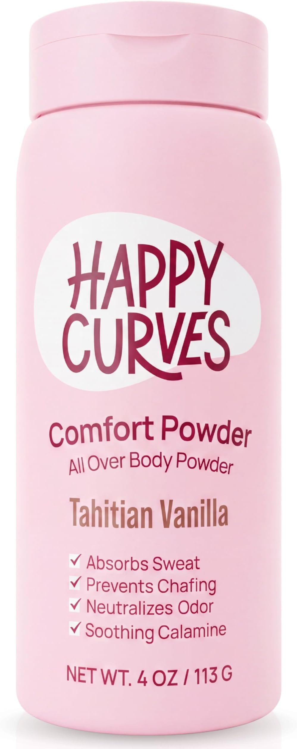HAPPY CURVES Comfort Powder: Talc Free Anti Chafe Body & Foot Dusting Powder Deodorant for Inner Thigh Chafing, Private Areas, and All Over Body for Women 4oz (Pack of 1), Tahitian Vanilla