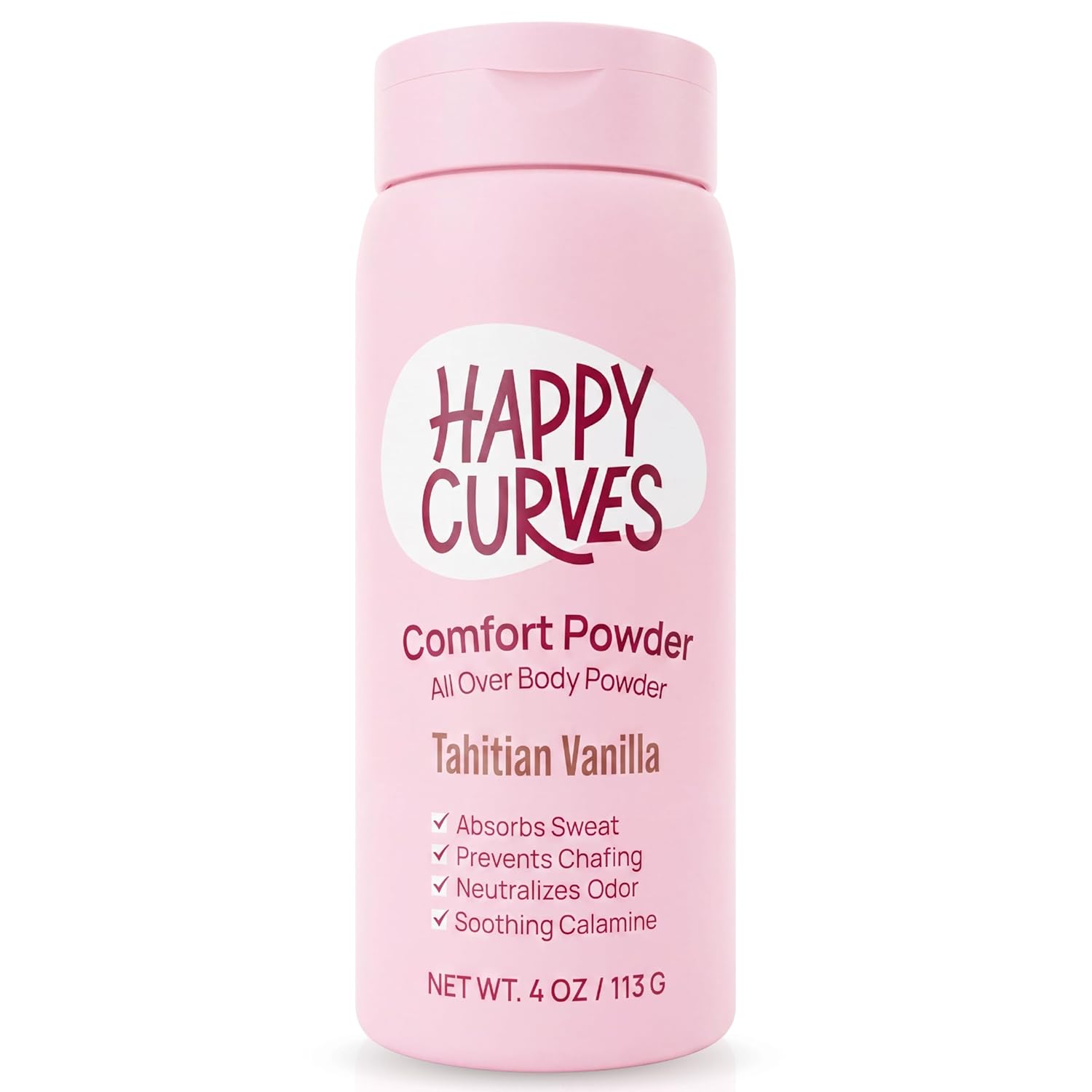 HAPPY CURVES Comfort Powder: Talc Free Anti Chafe Body & Foot Dusting Powder Deodorant for Inner Thigh Chafing, Private Areas, and All Over Body for Women 4oz (Pack of 1), Tahitian Vanilla