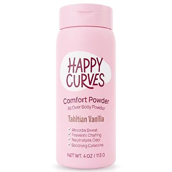 HAPPY CURVES Comfort Powder Talc Free Anti Chafe Body & Foot Dusting Powder Deodorant for Inner Thigh Chafing, Private Areas, and All Over Body for Women 4oz Pack of 1, Tahitian Vanilla