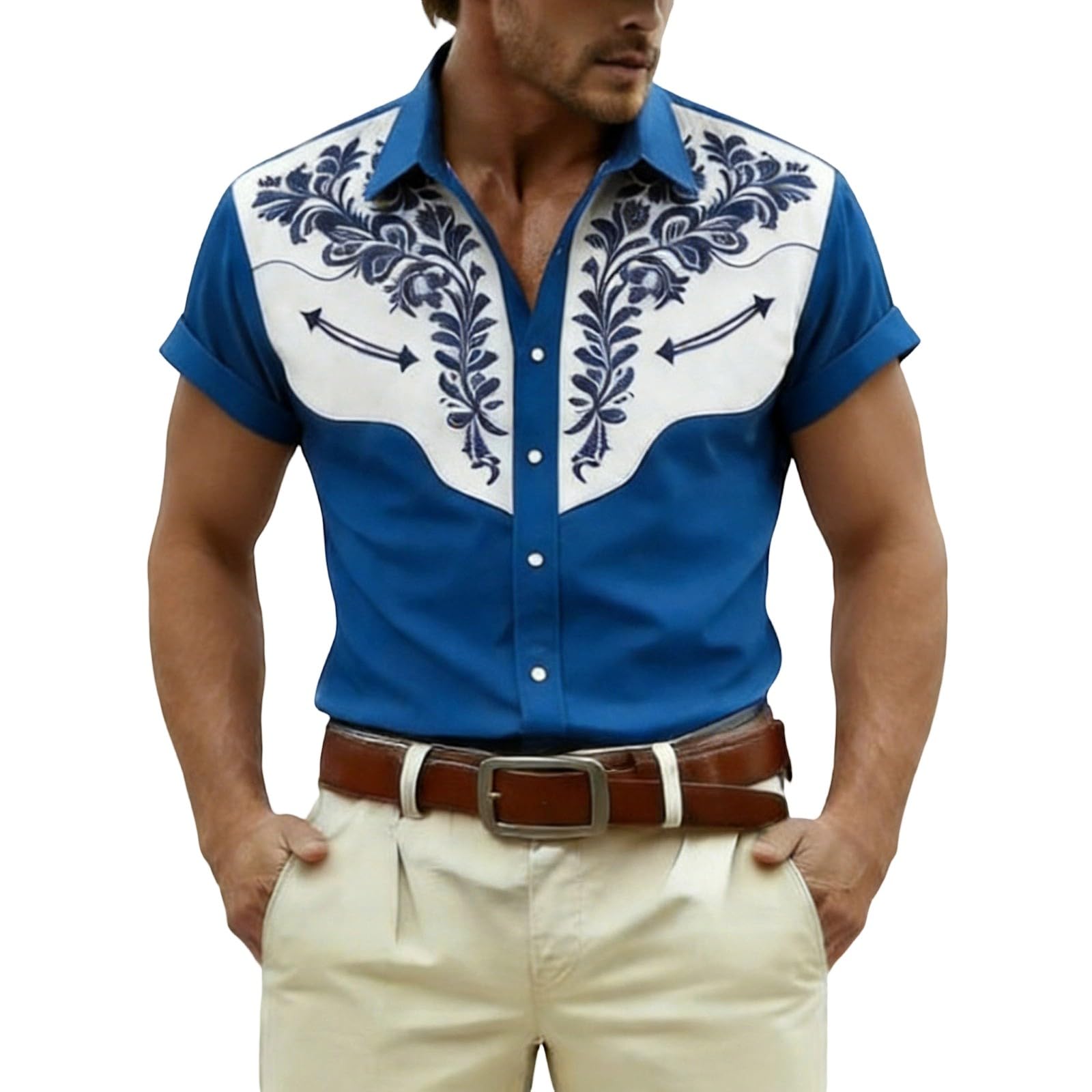 Cowboy Shirt Men's Western Shirts Cowboy Costume Men Western Shirts Western Cowboy Shirt Snap Embroidery Shirts Lapel Collar Classic Casual Shirt for Carnival Party Outfit, O Blue, L