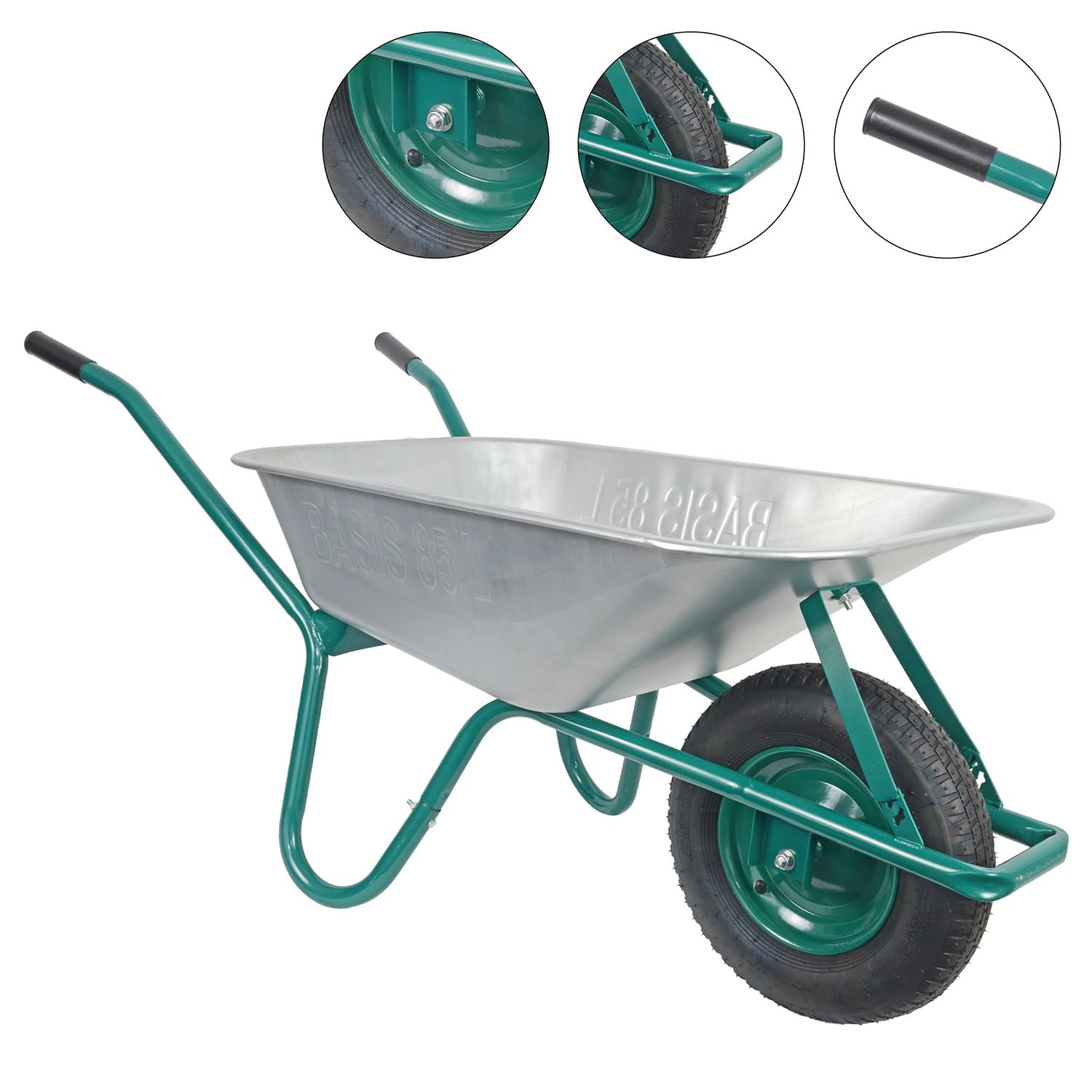 HBH Schubkarre 85 Liter Garten, grün | bis 160kg Tragkraft, Luftrad 4,00-8, Stahlfelge mit Kugellager, verzinkte Stahlmulde, mit Muldenstützbügel und Kippbügel