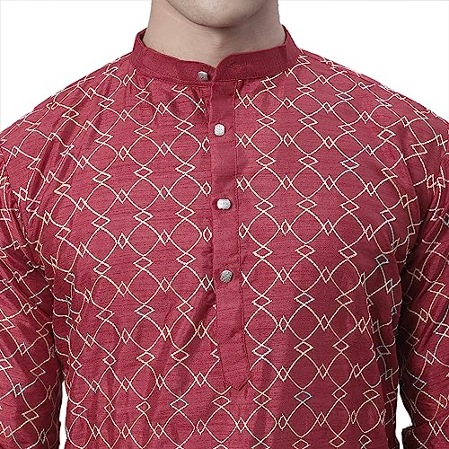 Image of SOJANYA (Since 1958 Men's Silk Blend NavyBlue Kurta with Multi Color Embroidery and Off-White Pyjama
