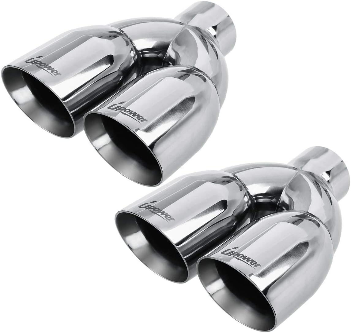 - Upower Pack of 2 Dual Exhaust Tip Tailpipe 2.5 Inch Inlet 3.5" outlet 9.5" Length Polished 304 Stainless 1.2mm Thickness (Double Wall Slant Edge)