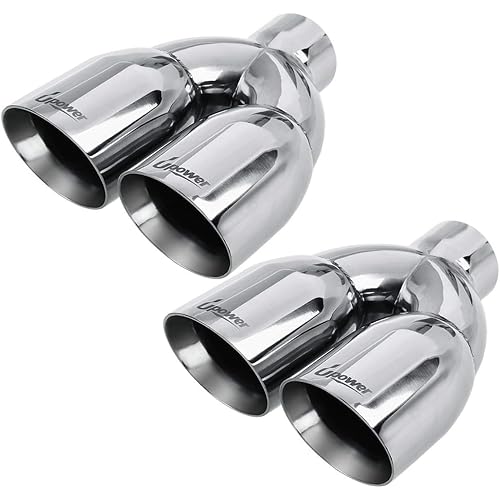 Upower Pack of 2 Dual Exhaust Tip Tailpipe 2.5 Inch Inlet 3.5" outlet 9.5" Length Polished 304 Stainless 1.2mm Thickness (Double Wall Slant Edge)