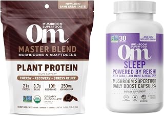 OM MUSHROOM SUPERFOOD Master Blend Plant-Based Protein Powder, 19.26 Ounce, 14 Servings, Creamy Chocolate and Sleep Mushroom Capsules Superfood Supplement, 90 Count Bundle
