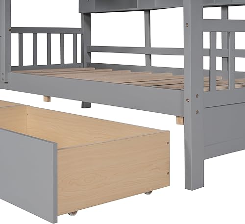 Miniatura 9 de MERITLINE Cama individual para niños, cama de piso individual, cama de piso estilo Montessori con estante, cama de casa de madera, no necesita