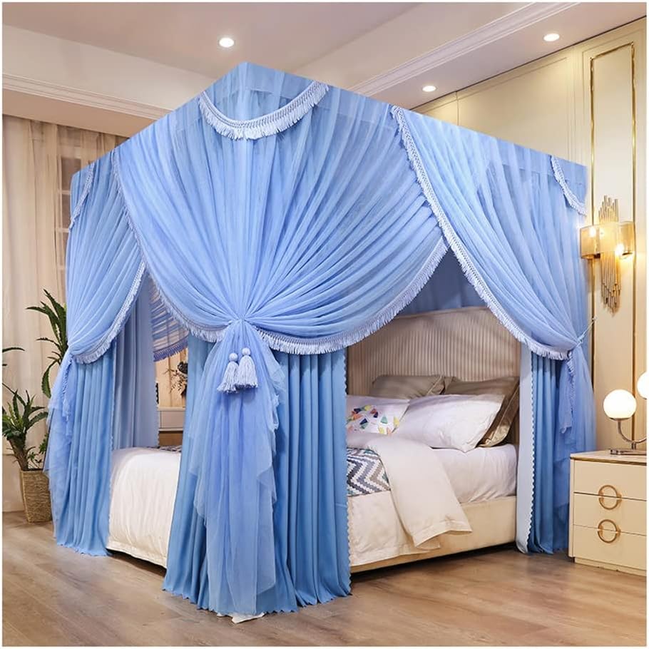 2 in 1 Bed Canopy Mosquito net Suitable for Single Bed Double Bed, Bedroom Decorative Bed Curtain, with Metal Stand (Color : Blue, Size : 180X200cm/71X79in)