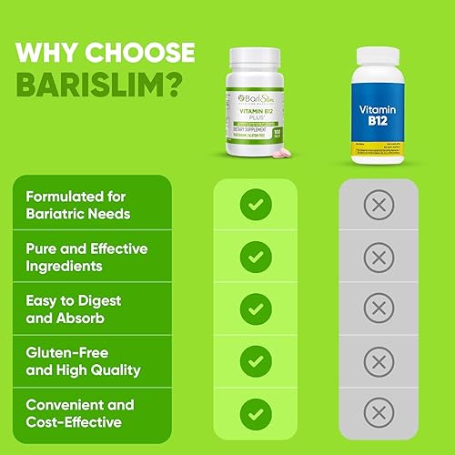 Miniatura 7 de BariSlim Tabletas de vitamina B12 Plus - Formulado bariátrico para cirugía posterior a la pérdida de peso, incluyendo bypass gástrico y manga