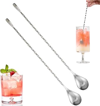 Set of 2 Mixing Spoon Stainless Steel Professional Cocktail Bar Tool Japanese Style Teardrop End Design for Ice Cream, Coffee, Milkshakes, Juice, Tea, Drink 12'', Silver