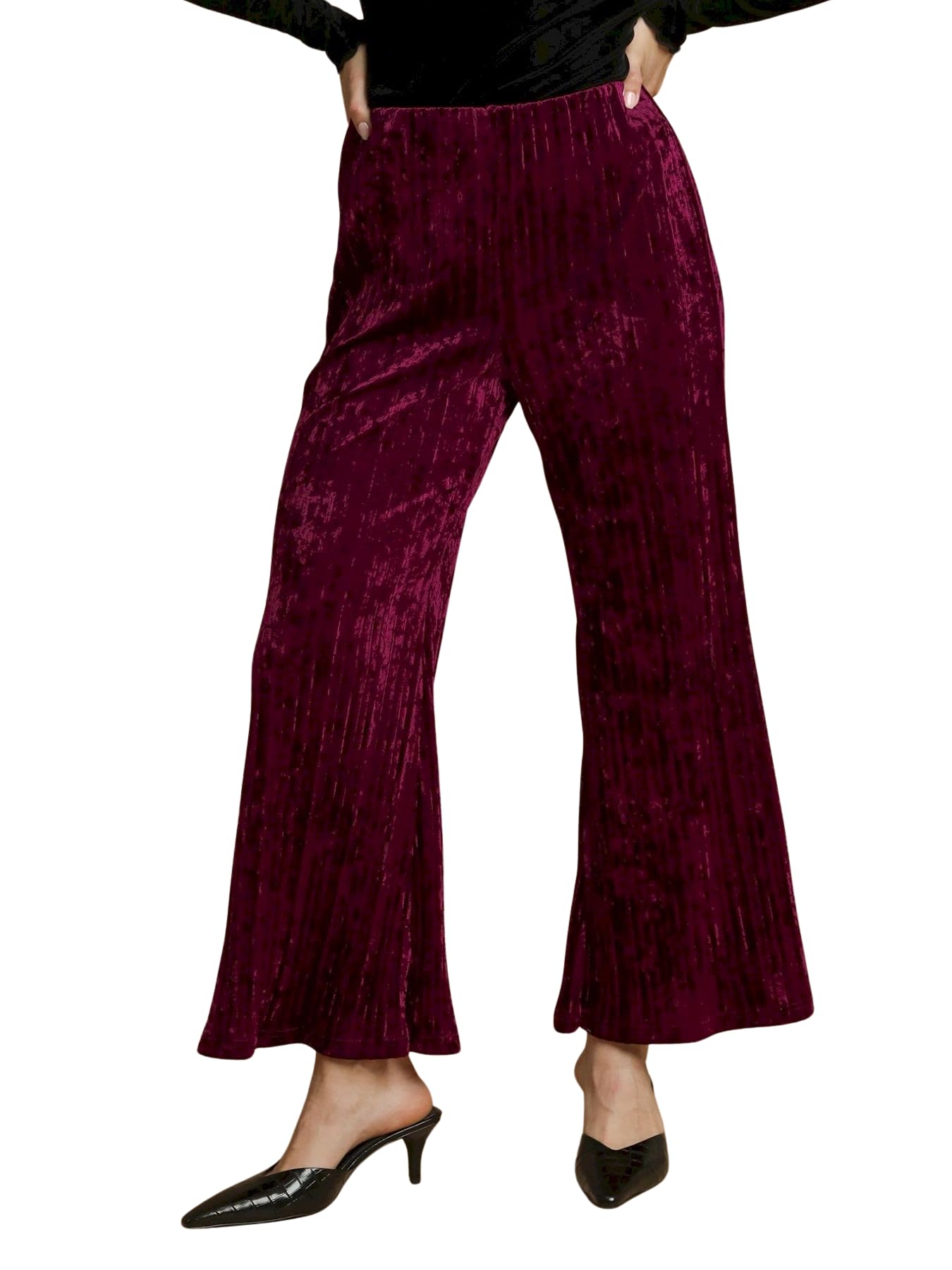 Womens Casual Palazzo Pants Elegant Crushed Velvet Wide Leg Flared Trousers Burgundy Party
