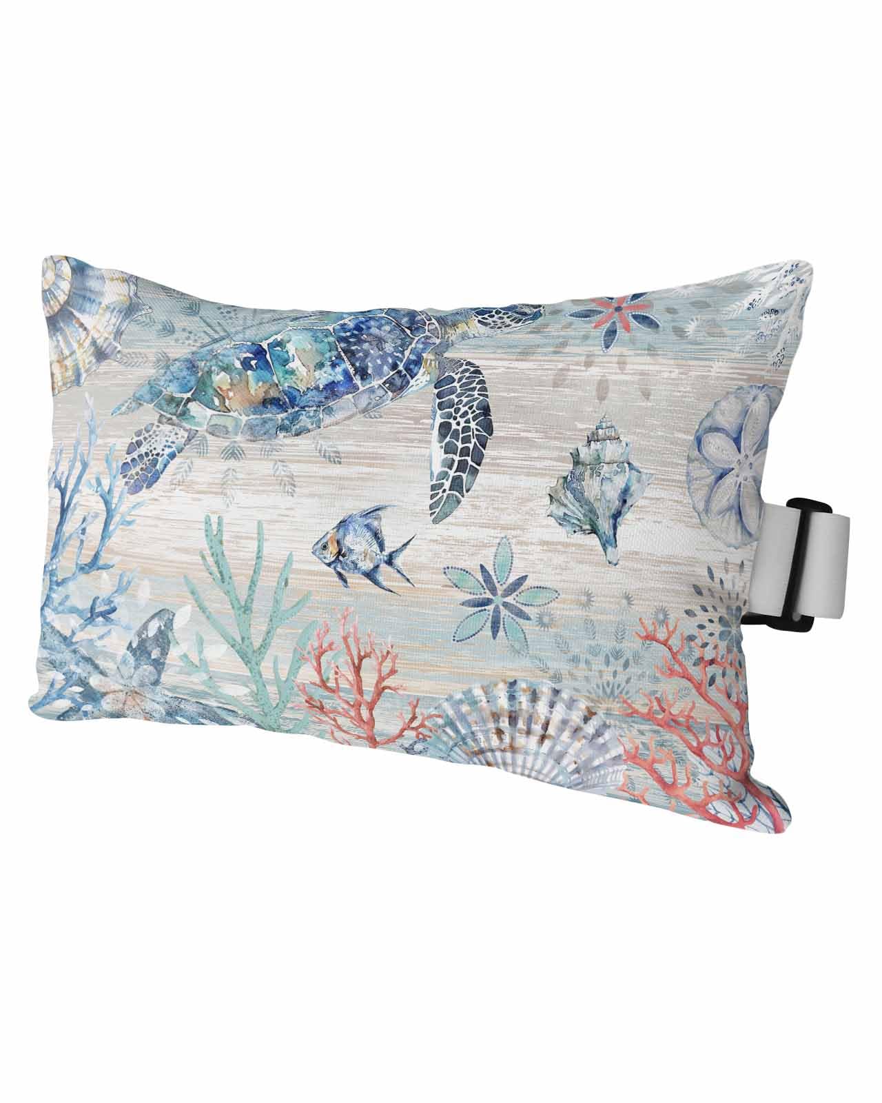 Undersea Life Ocean Turtle Coral Shell Outdoor Head Pillows for Recliner Chair,Pack of 1 Waterproof Throw Pillow Cushion Cases with Insert&Strap,Marine Starfish on Retro Wood Pillow for Patio Beach