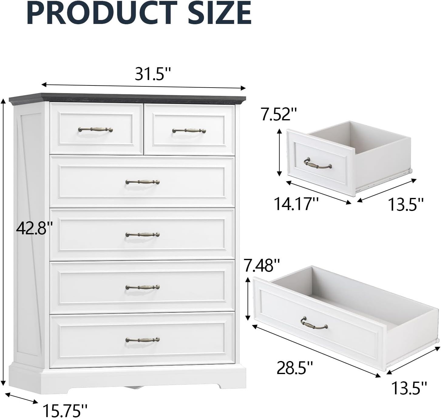 6 Drawer Dresser for Bedroom, 43" Tall Wooden Chest of Drawers, Rustic Farmhouse Dresser with Large Drawers & Metal Handles, Modern Storage Organizer for Closet, Living Room, Hallway, White - Image 2