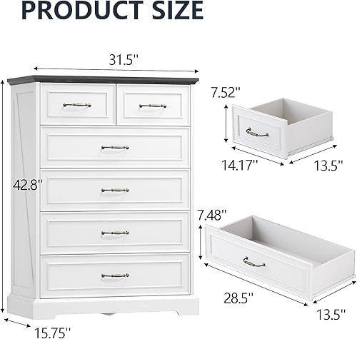 Miniatura 2 de Cómoda de 6 cajones para dormitorio, cofre de cajones de madera de 43" de alto, cómoda rústica de granja con cajones grandes y asas de metal