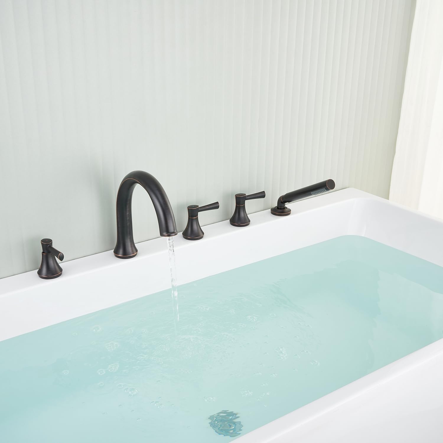 Wowkk Roman Tub Faucet Oil Rubbed Bronze 5 Holes Deck Mount Brass Bathtub Filler with Hand Shower for Bathroom