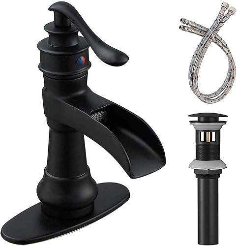 Grifo de baño negro para fregadero, cascada, grifos de baño de una sola manija, un solo agujero, montado en la cubierta, granja, antiguo, comercial,