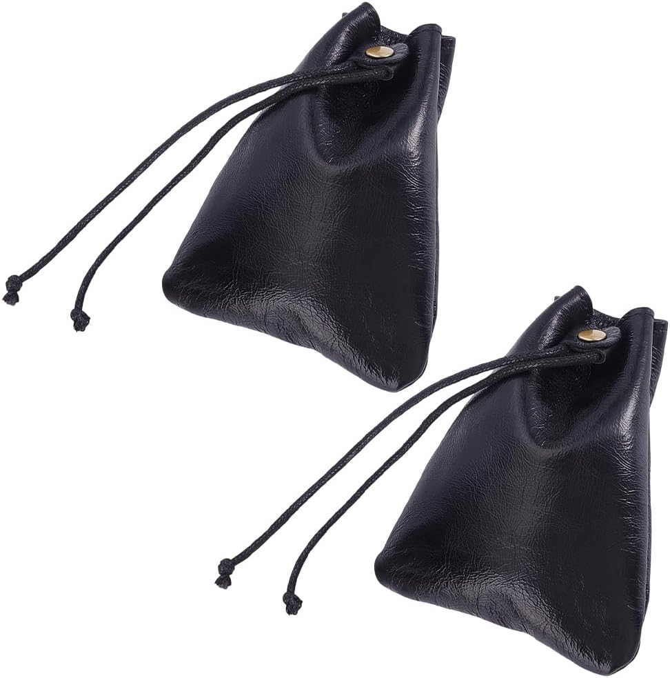 Beebeecraft 2Pcs 4.61x3.74in Leather Drawstring Pouch with Wax Cord Black Trapezoid Shaped Vintage Genuine Leather Coin Bag Medieval Wallet for for Portable Storage Change