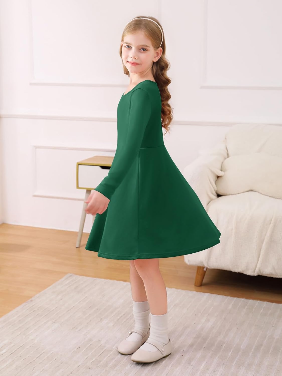 Haloumoning Girls Long Sleeve Skater Dress Kids Casual Crewneck A-Line Flowy Fall Dresses 5-14 Years - Image 4